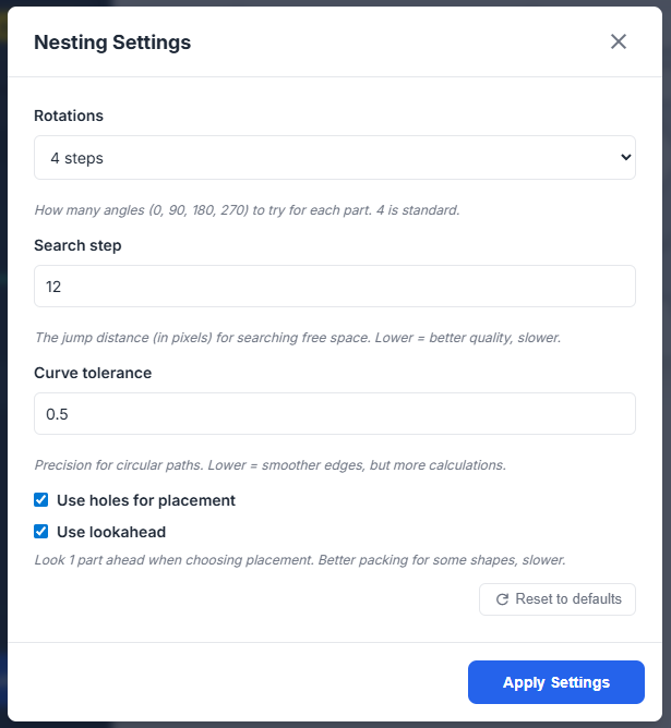 Nastavení parametrů skládání